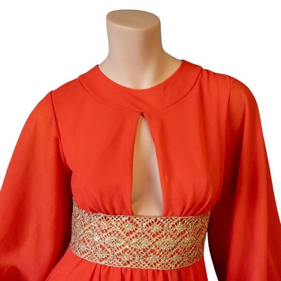 OSTI Vintage 70s Nylon Crepe Balloon Sleeve Coral Gown * Small - Picture 7 of 17